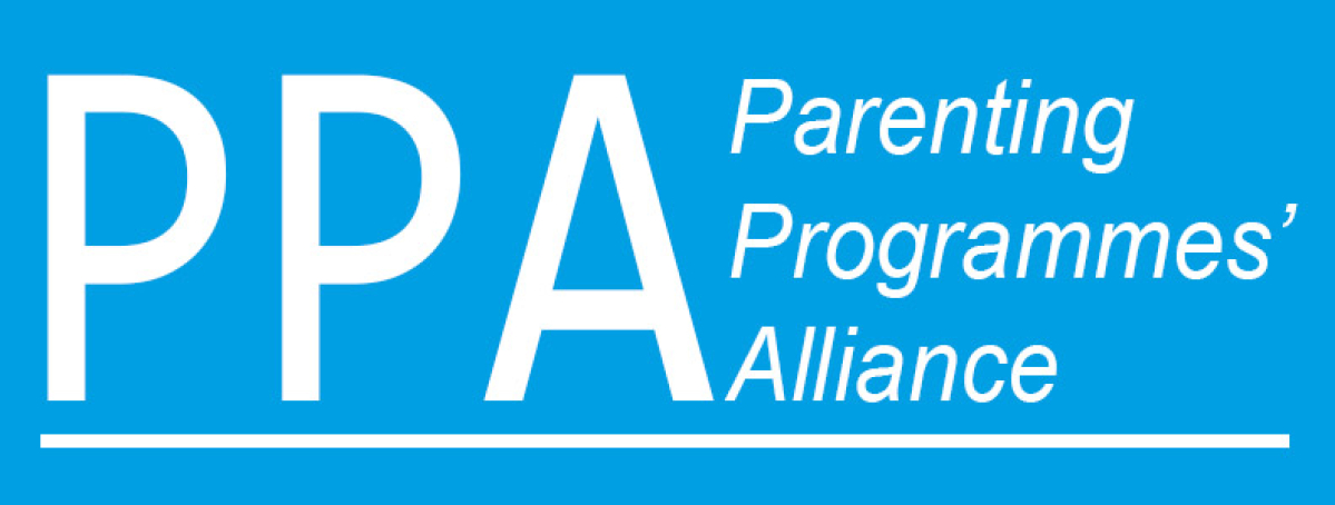 Logo of the Parenting Programmes' Alliance white text on blue background